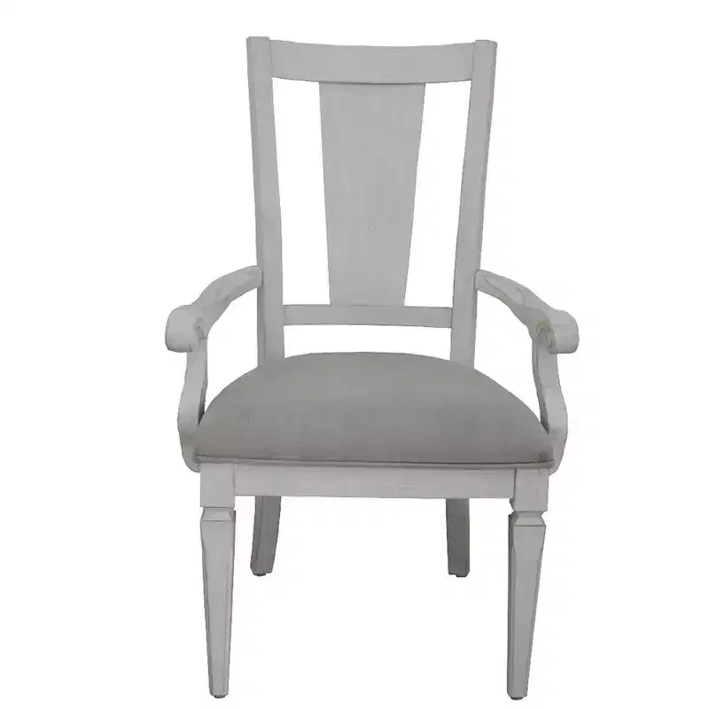 Light Gray Linen Dining Arm Chair, Slat Back, Weathered White Wood Frame, 42
