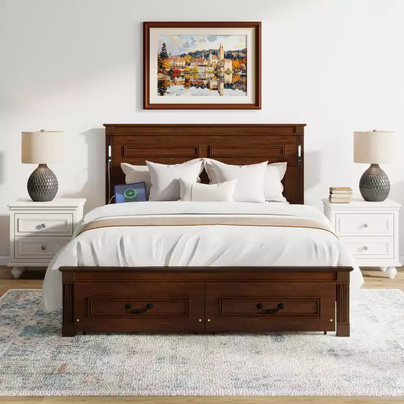ModernLuxe Queen/King Size Platform Bed with Tall Headboard, Rustic Wood Bed Frame with 2 Drawers, LED Lights & USB Ports