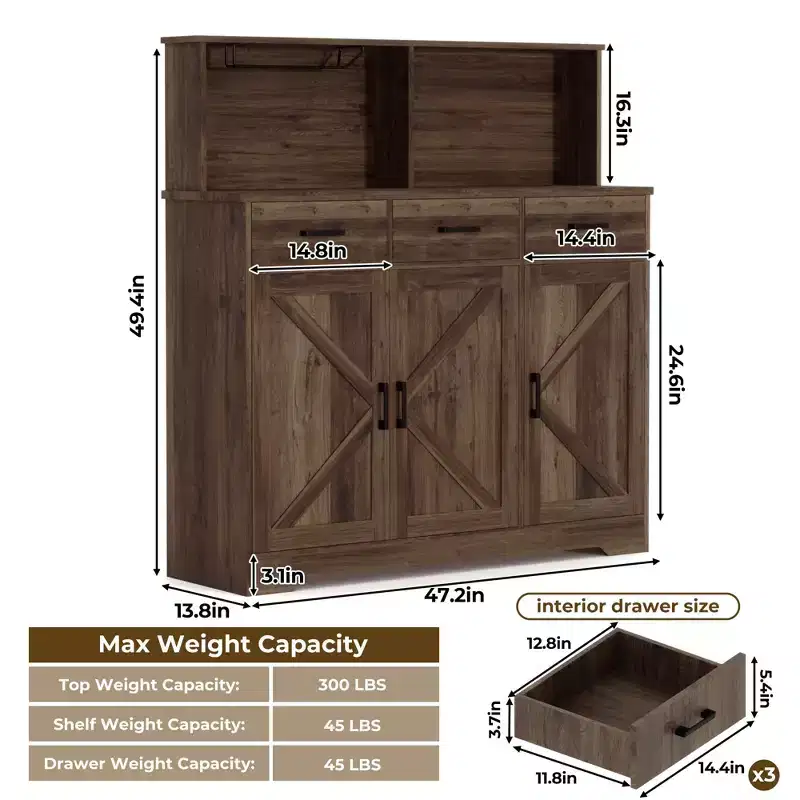 Farmhouse Sideboard Buffet Cabinet with Microwave Stand  Barn Doors, Drawers & Shelves