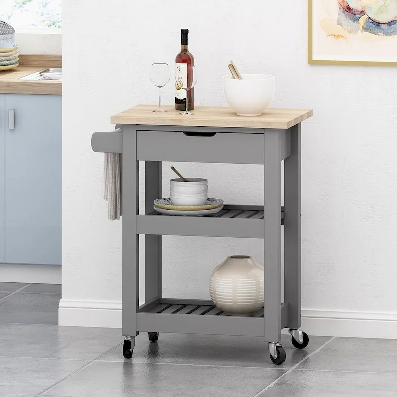 Compact Wooden Kitchen Cart with Wheels Shelves and Drawer by Christopher Knight Home