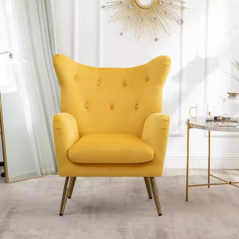 Velvet Button-Tufted Wing Back Accent Chair - Yellow, Gold Metal Legs