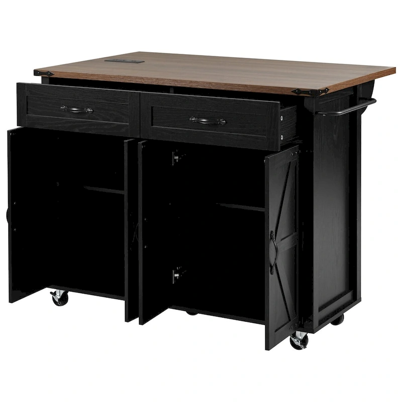 53.5 Farmhouse Kitchen Trolley with Power Outlet, Drop Leaf, Spice Rack, and Drawers, Mobile Cart on Wheels