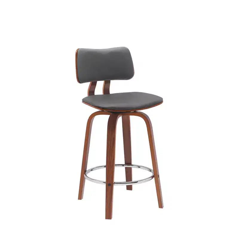 HomeRoots 26 Gray And Wood Brown Faux Leather Swivel Low Back Counter Height Bar Chair