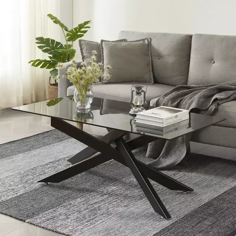 Probe Hues Modern Glass Coffee Table with Tempered Top and Geometric Metal Legs for Living Room