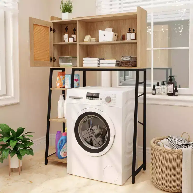 Over The Toilet Storage Cabinet Space-saving Toilet Organizer with PE Rattan Door