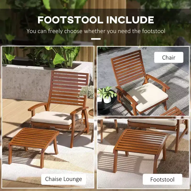 4 Piece Patio Furniture Set, 2 Chairs with Cushions & Ottomans, Slatted Acacia Wood