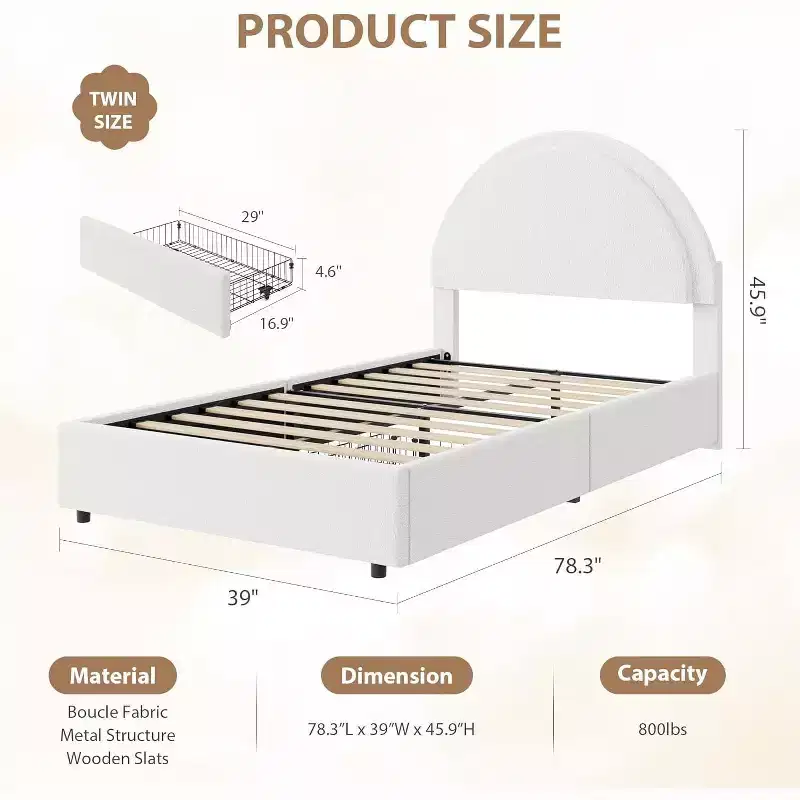COZONY Twin/Full Upholstered Boucle Bed Frame with Storage Drawers, Round Headboard, Heavy Duty, No Box Spring Needed