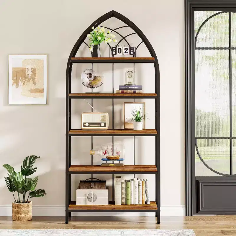 Brown Industrial Curved 5-Tier Bookshelf – 1–2 Person Household