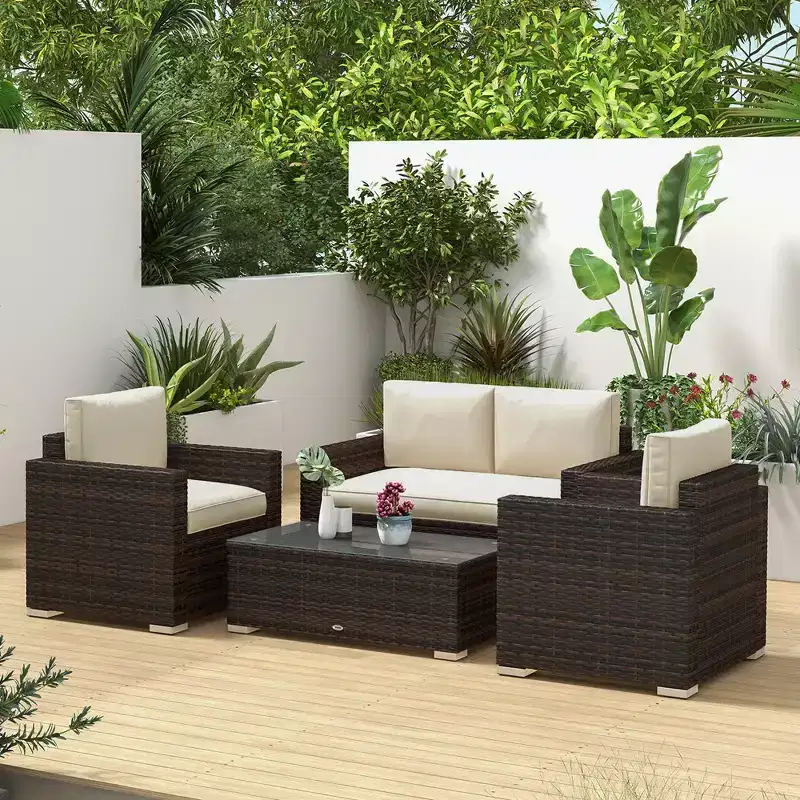 Outsunny 4-Piece Rattan Wicker Furniture Set, Outdoor Cushioned Conversation Furniture with 2 Chairs, Loveseat, and Glass Coffee Table