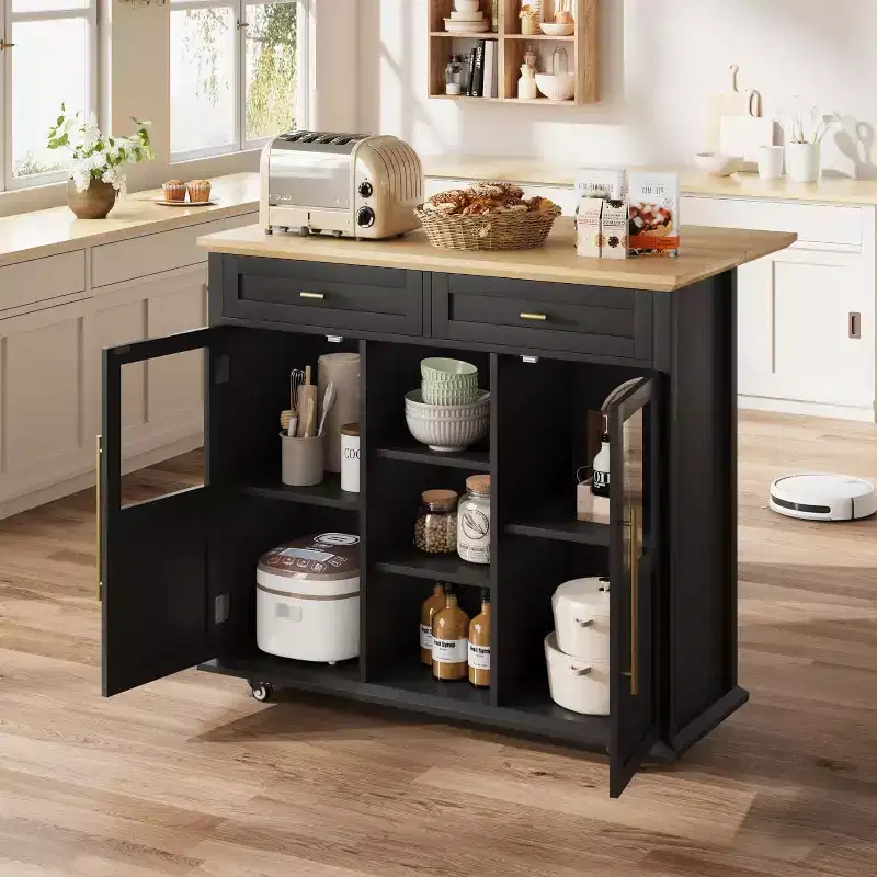 Acekool 41 Mobile Farmhouse Kitchen Island with Drop Leaf, Glass Door Cabinets, Open Shelves, 2 Drawers, Towel Bar, Black/Wood