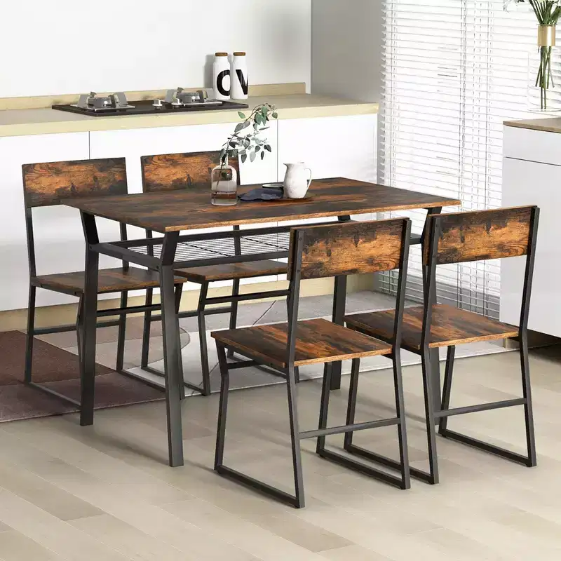 Costway 5 Piece Dining Table Set Industrial Rectangular Kitchen Table with 4 Chairs Grey/Brown