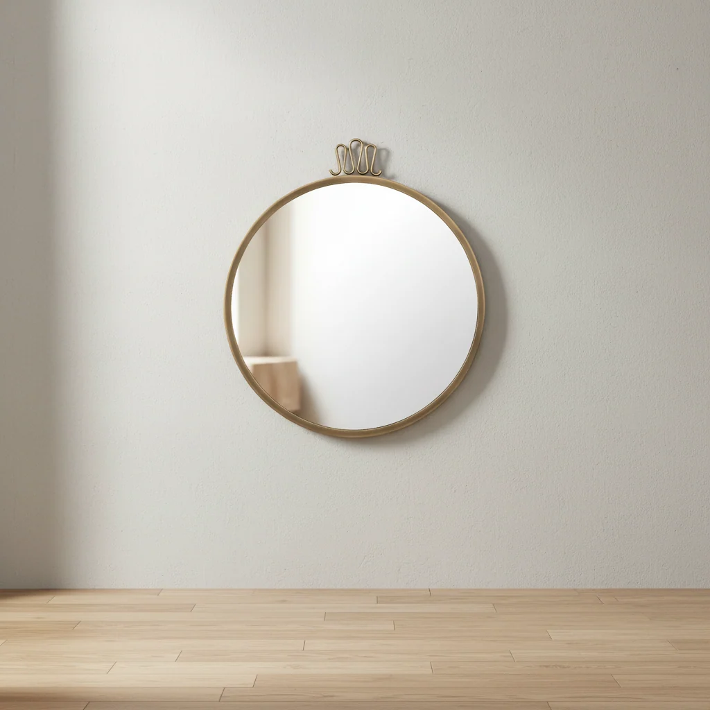 Mid-Century Walnut Wood Frame Wall Mirror with Brass Bolt Detail for Bedroom or Hallway