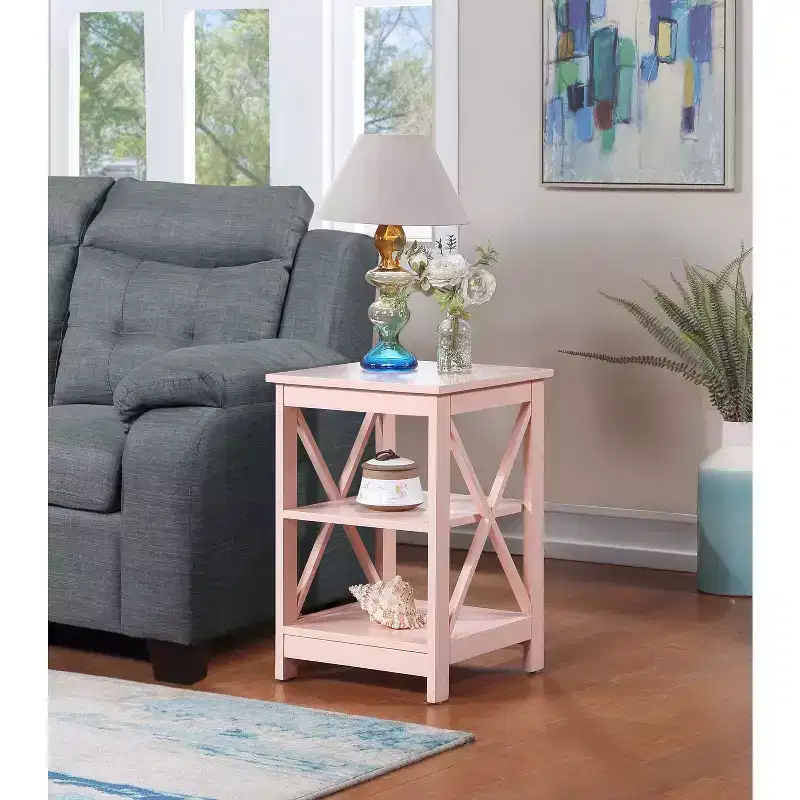 End Table with Three Open Shelves and Decorative X Frame Panels, Blush Pink, Storage Side Table for Living Room