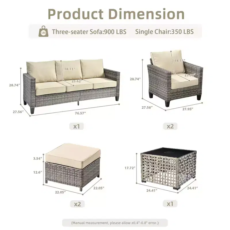HOMLUX Outdoor 6-Piece Sofa Set w/ Ottomans & Rattan Coffee Table, Ergonomic Gray Design