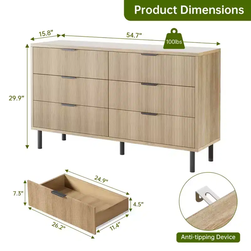 Fluted 6-Drawer Double Dresser with Metal Legs & Handles | Modern Wide Wood Chest, Anti-Tipping Design for Bedroom, Living Room & Hallway