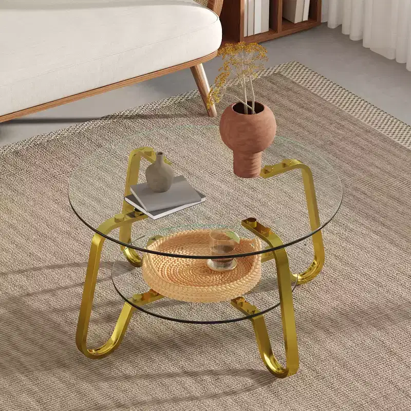 Retro Minimalist Metal Frame Coffee Table with Double Tempered Glass Layers, Size 31.5x31.5x17.7 Inches