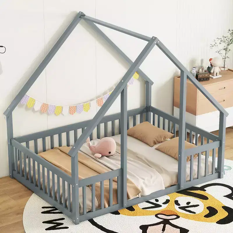 MAYEERTY Twin Wood House-shaped Floor Bed with Fence, Guardrails Gray