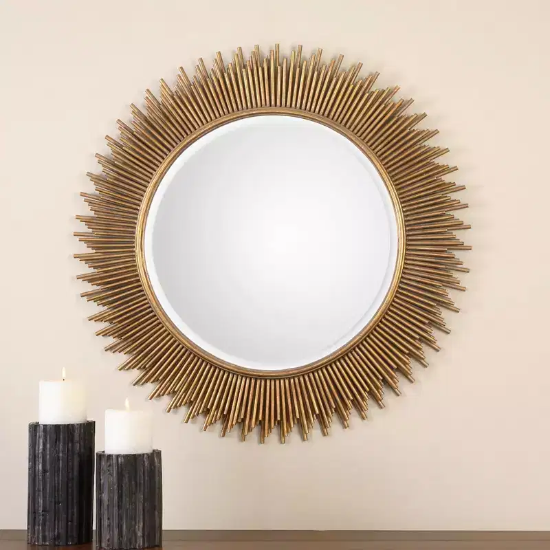 Uttermost Sunburst Vanity Decorative Wall Mirror Modern Beveled Antique Gold Leaf Iron Wood Frame 36 Wide for Bathroom Bedroom