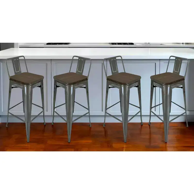 HomeRoots Set of Four 30 Brown and Gray Solid Wood and Metal Low Back Bar Height Bar Chairs