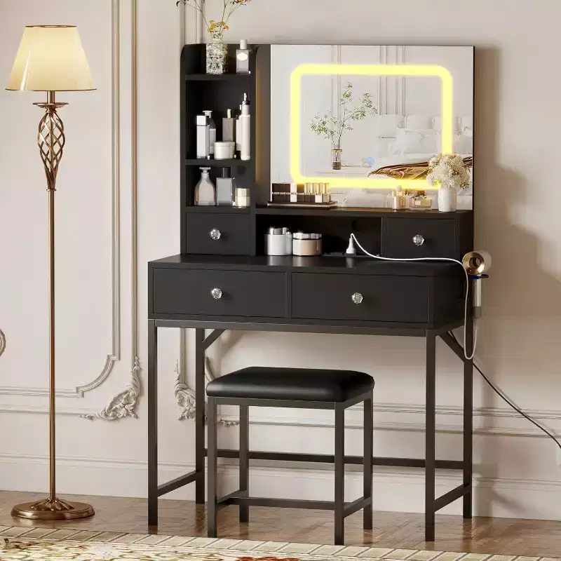 Makeup Vanity Desk with Mirror, 3-Color LED Lights, Charging Station & 4 Drawers, White Gold