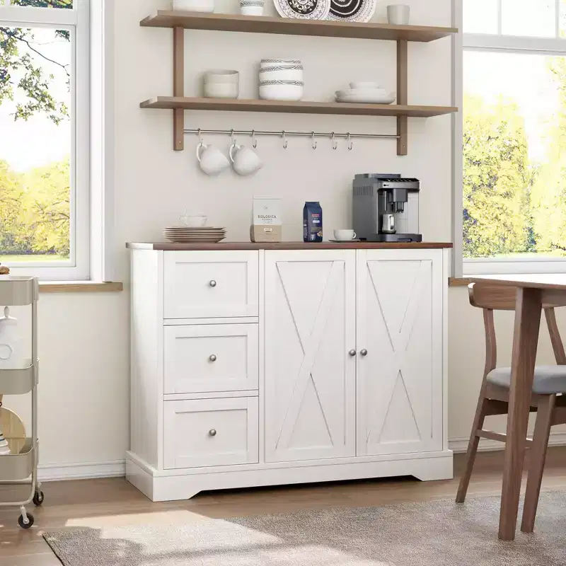 Garvee Buffet Cabinet with Storage, Coffee Bar Cabinet with 3 Drawers, Sideboard for Kitchen Dining Living Room, White