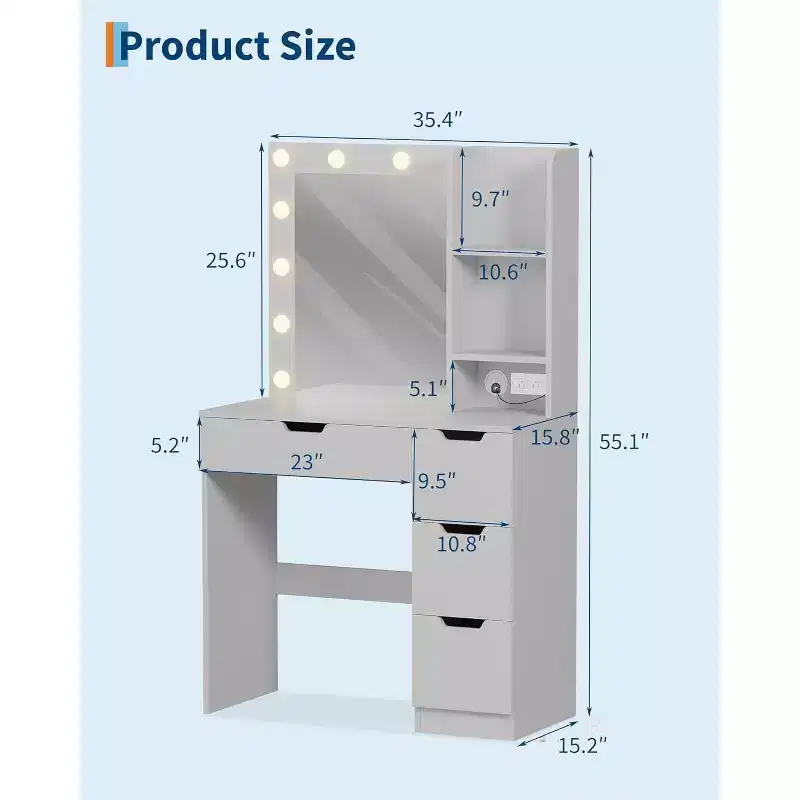 COZONY Vanity Desk with Mirror and LED Lights, Makeup Table with Drawers and Charging Station for Bedroom