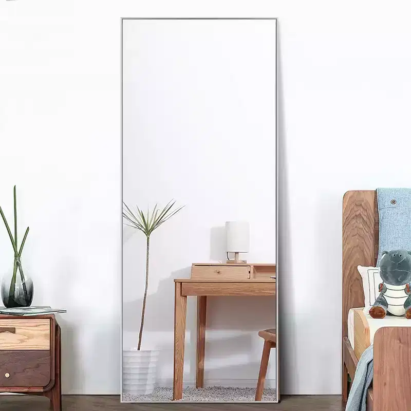 MAYEERTY Silver 23.62 x 70.87 Inch Rectangular Thin Edged Aluminum Alloy Full Length Mirror with Stand for Living Room and Bedroom Wall Decor