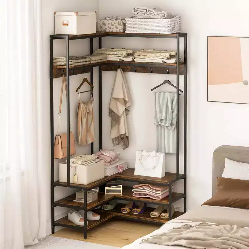 Corner Garment Rack L-shaped Clothes Rack with Open Shelves & Adjustable Foot Pads