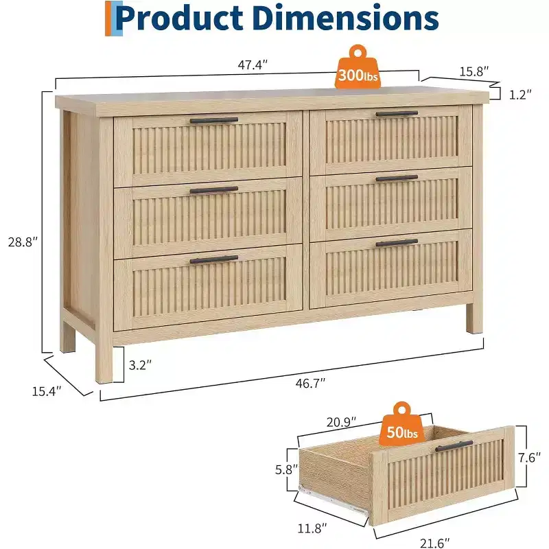 6 Drawers Dresser for Bedroom, 47.4 Inch Wide Large Wood Chest of Drawers,Clothes Storage Cabinet for Nursery, Living Room