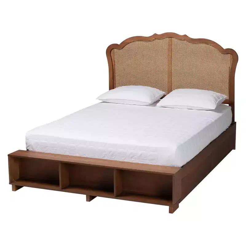 King Size Wood and Rattan Storage Bed, Walnut Brown
