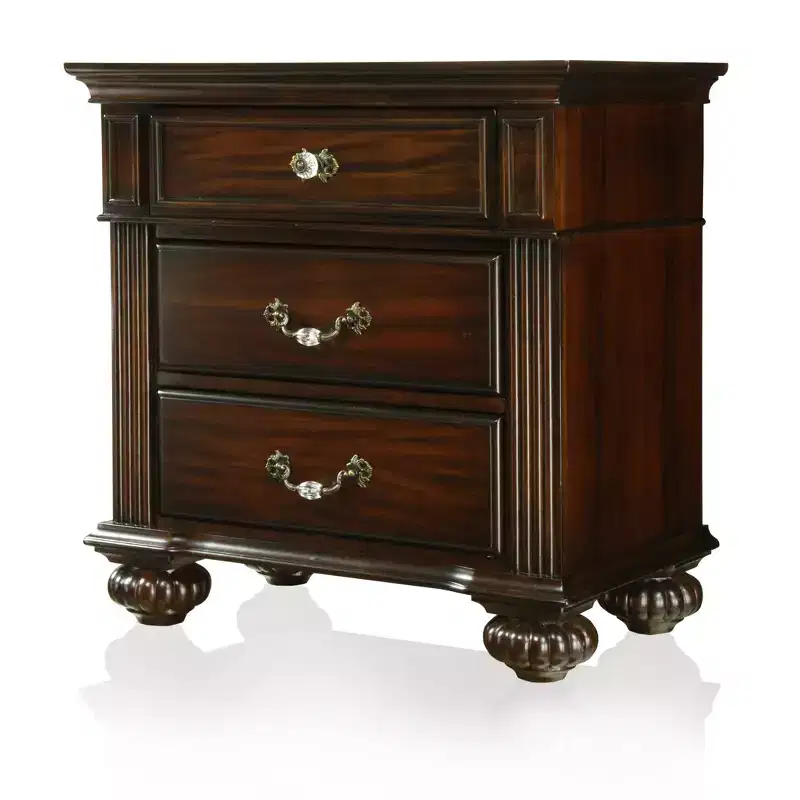 3-Drawer Nightstand with Bun Feet Brown Wood Veneer