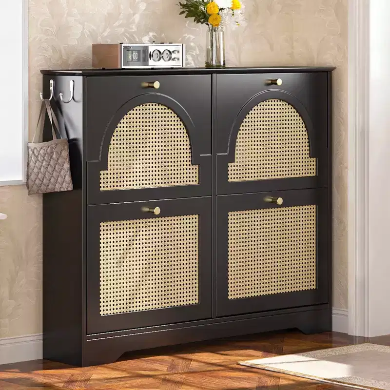 Mid-Century Narrow Tipping Bucket Shoe Cabinet, 4 Flip Drawers 4 Rattan Doors 2 Silvery Hooks 42.1W, White