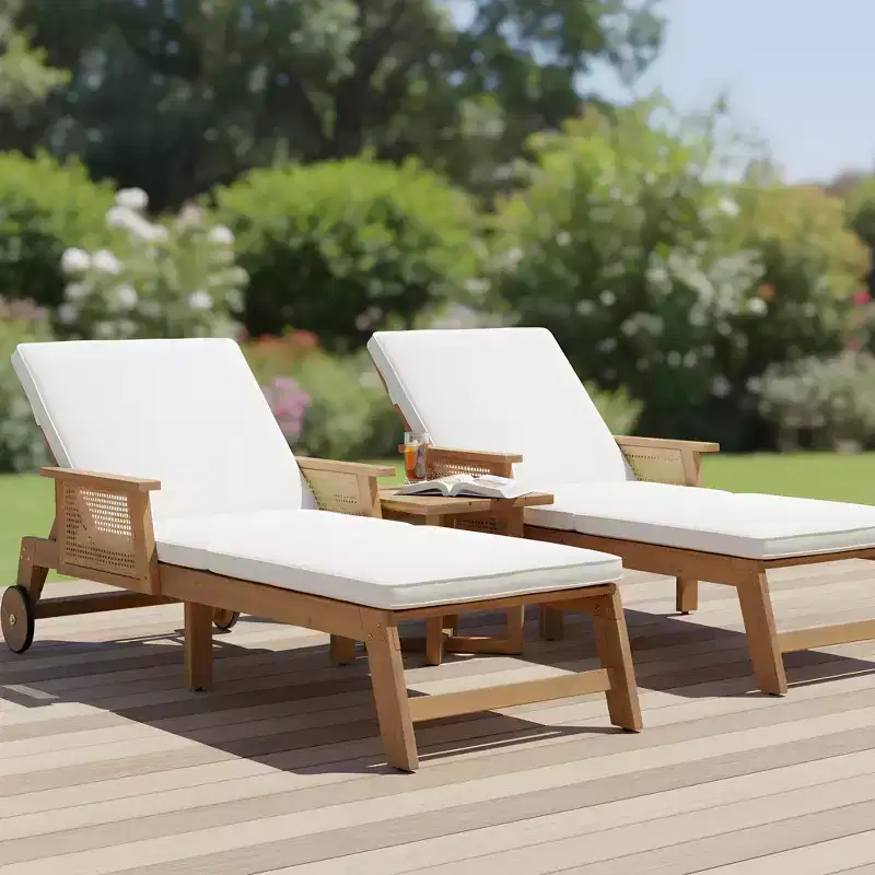Christopher Knight Home Minho Modern 3 Piece Acacia Patio Sunlounge and Slatted Table Set with Wicker Armrest