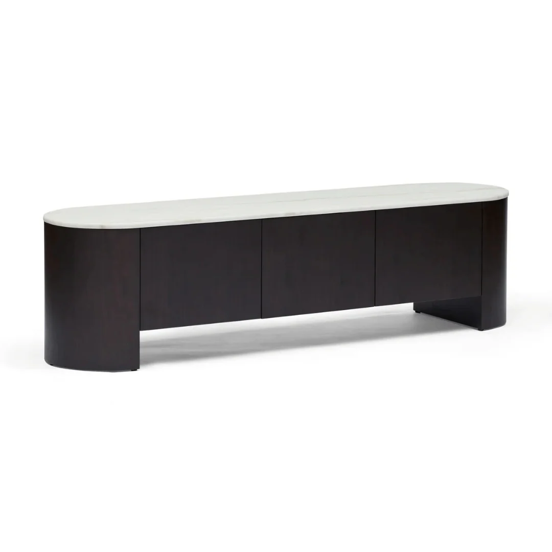 Mid-Century Walnut Marble Entertainment Cabinet with Storage for Living Room