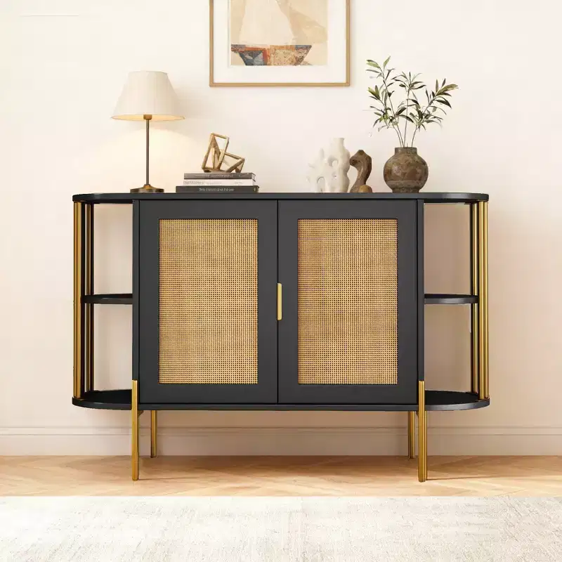 2-Door Curved Sideboard Cabinet with Gold Trim and Woven Door Buffet Storage for Dining & Living Room, Black