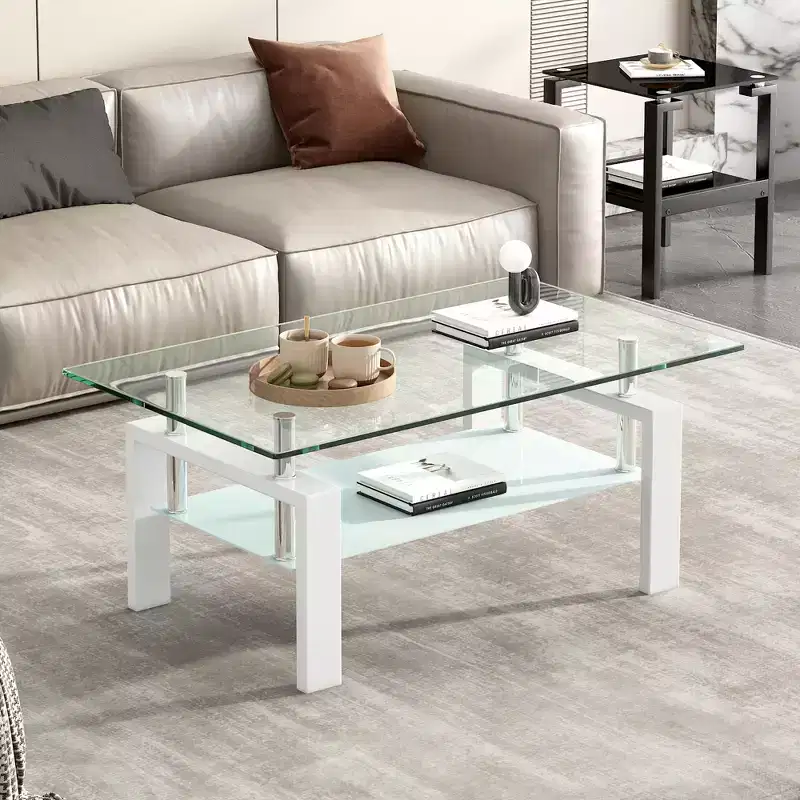 Fun little toys brand Tempered Clear Glass Coffee Table, 2-Layers Coffee Table Living Room Center Table