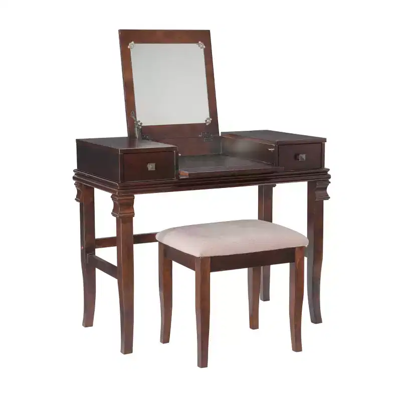 Angela Traditional Wood Flip-up Mirror 2 Drawer Vanity and Cream Upholstered Stool Walnut - Linon