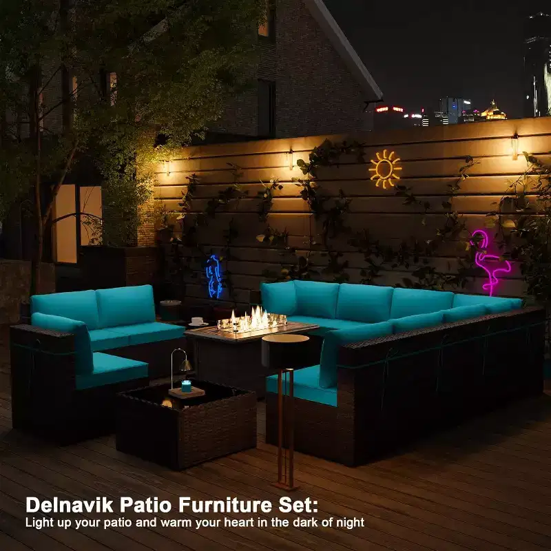 ALAULM 13 Pieces Patio Furniture Set, Rattan Wicker Outdoor Conversation Sets, Furniture Sofa Set w/43in Propane Fire Pit Table