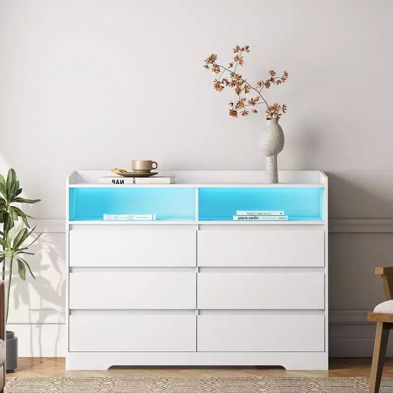 White Dresser w/6 Drawers, Wide Wood Chest of Drawers for Bedroom, Large Storage Tower Unit, Modern Minimalist Closet Store Organizer for Living Room