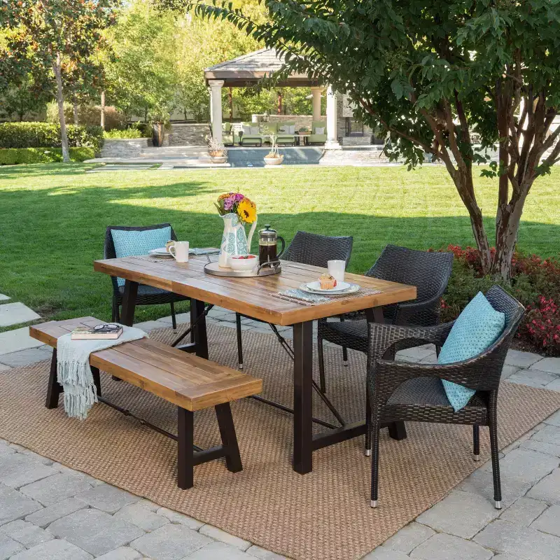 Montgomery 6pc Acacia & Wicker Dining Set - Teak/Brown - Christopher Knight Home: Outdoor Seating, Galvanized Steel Hardware