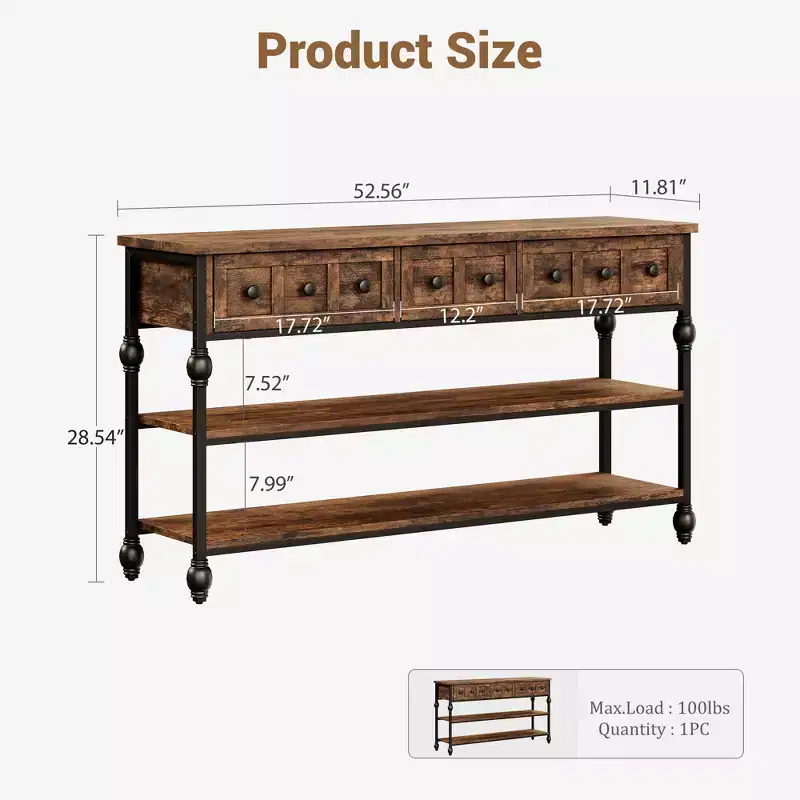 Industrial Console Table with 3 Storage Drawers & 3-Tier Metal Frame, Sofa Table for Living Room, Hallway & Entryway