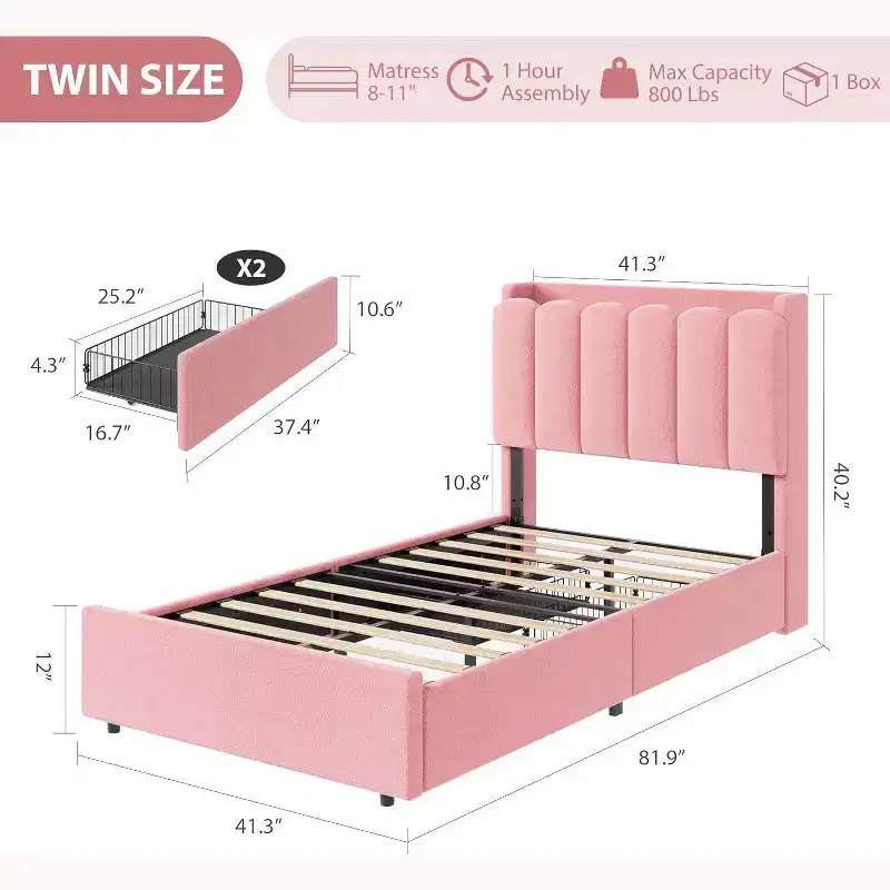 COZONY Twin Bed Frame with Storage Headboard, Boucle Upholstered Platform Bed with 2 Drawers, No Box Spring Needed