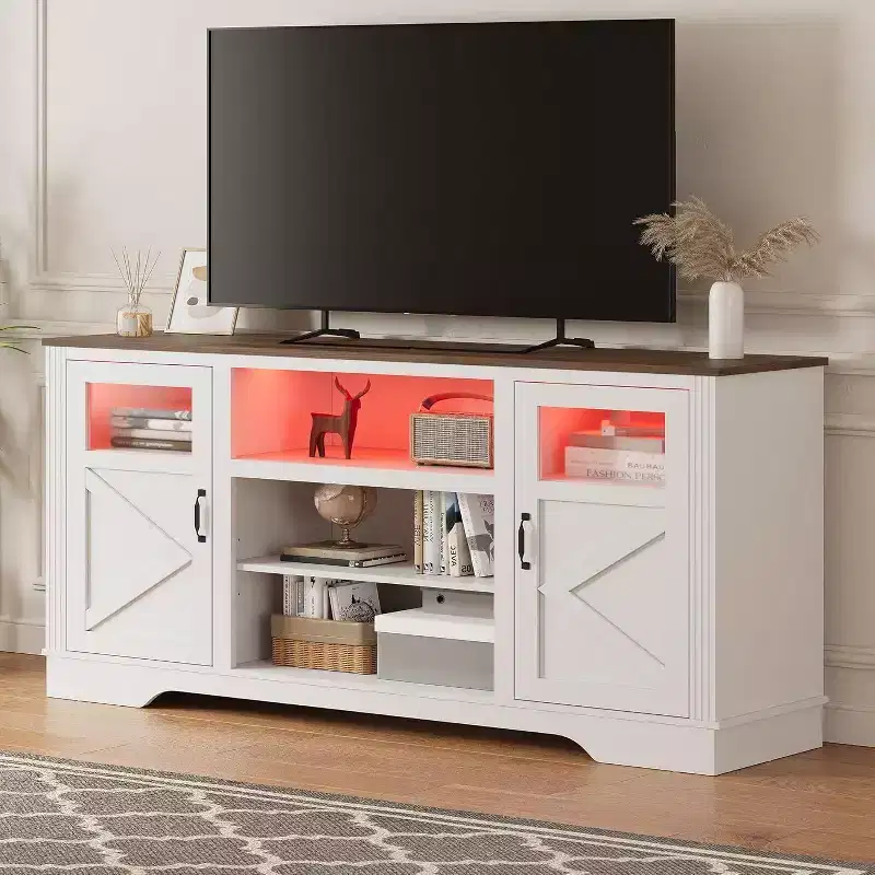 Farmhouse TV Stand with LED Lights, Elegant Entertainment Center for 65 Inch TVs, with Storage Cabinets and Open Shelves
