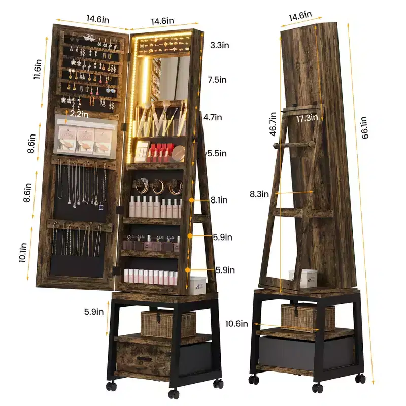 66 Full Length Mirror Jewelry Cabinet with LED Lights