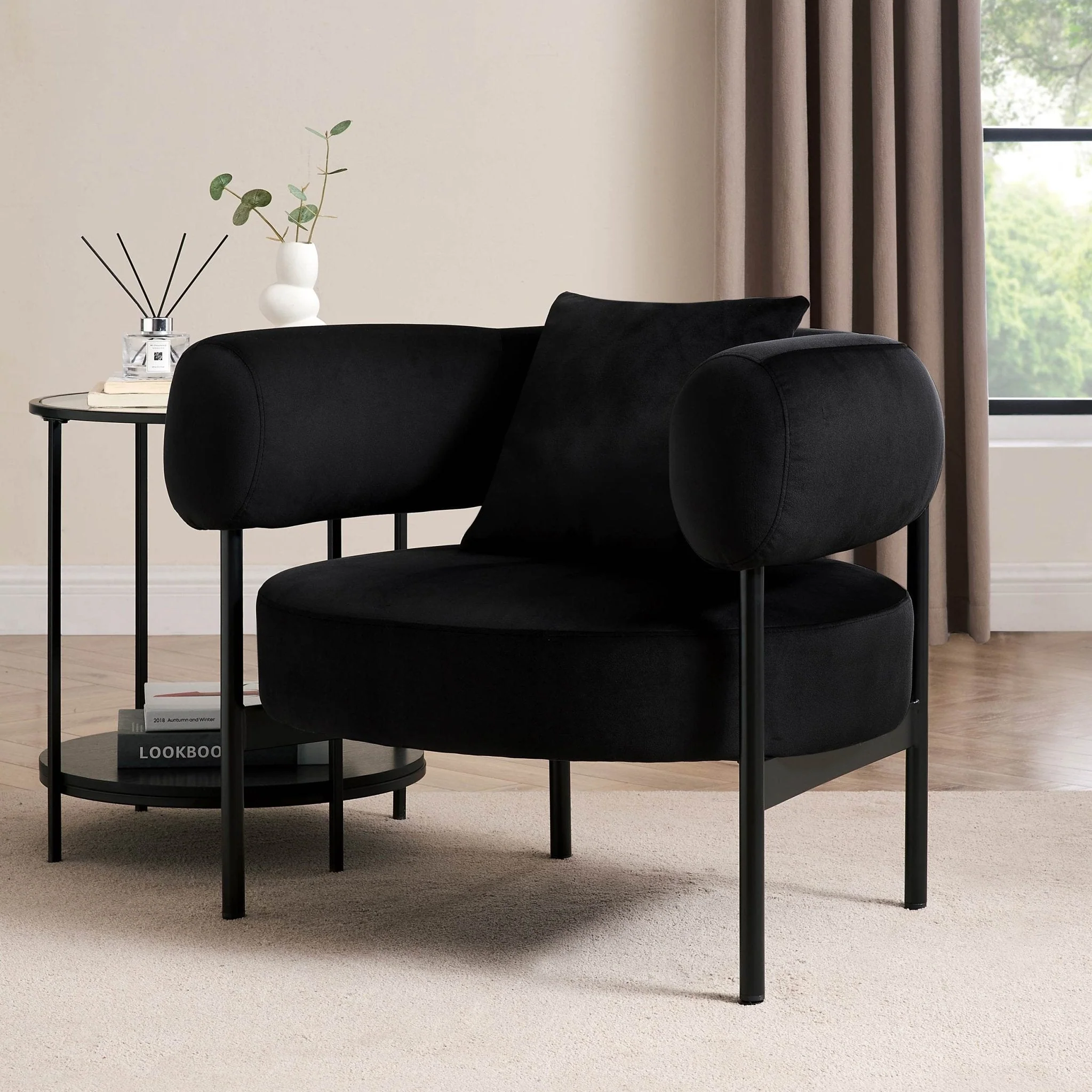 Contemporary Ink Velvet Accent Chair with Curved Back for Living Room
