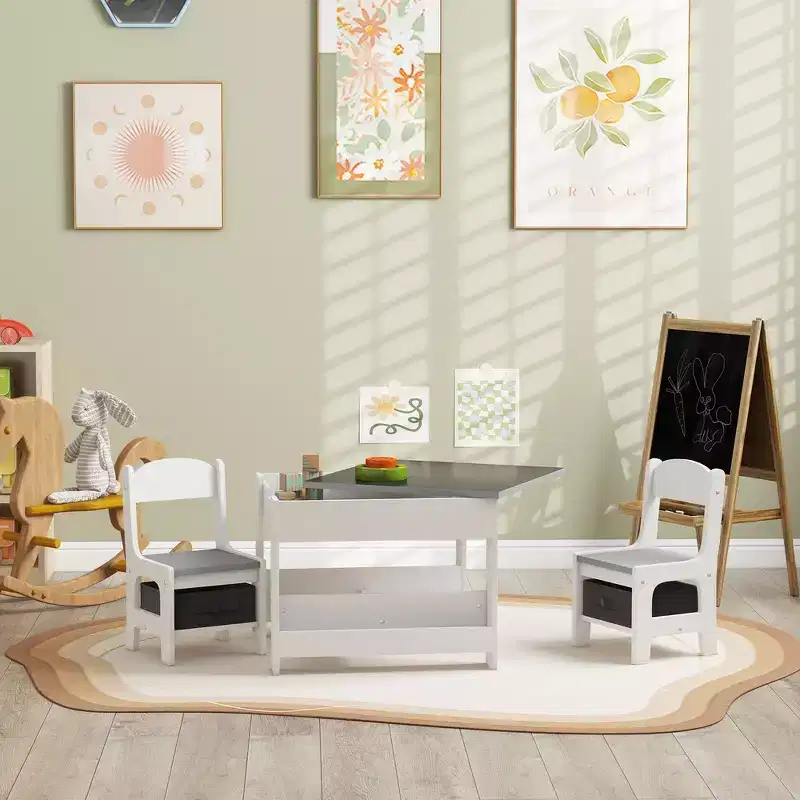 Whisen 3 Piece Kids Table and Chair Set with Tabletop Blackboard, Storage & Bookshelves, Perfect Gift for Kids