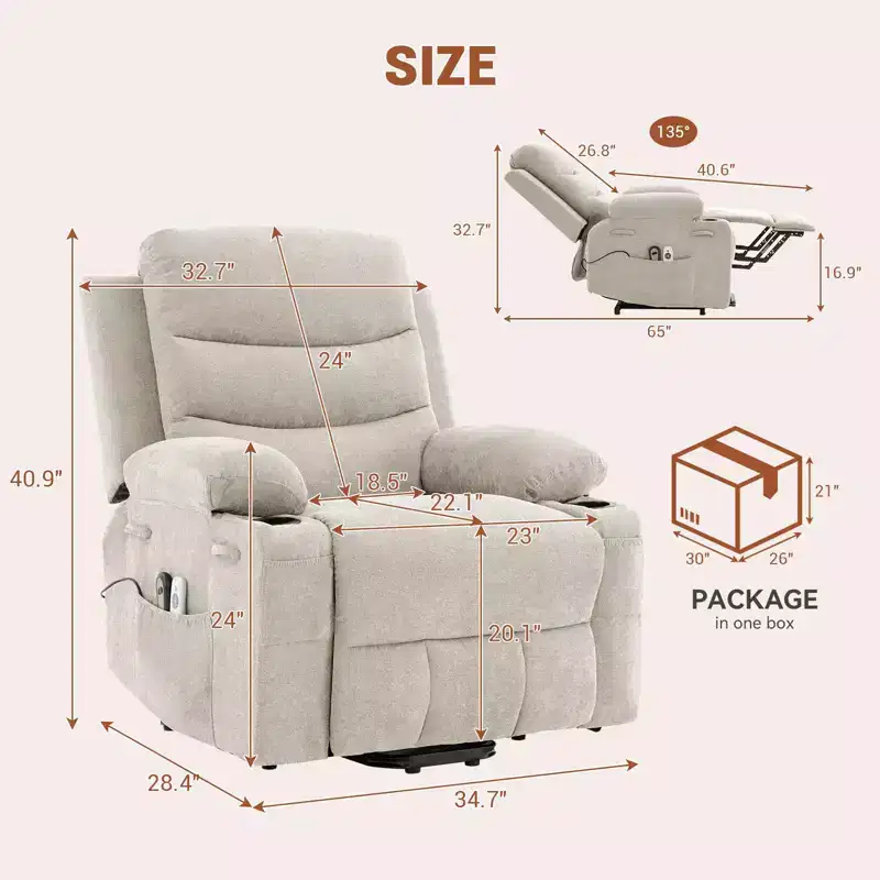 Power Lift Recliner Chair, Oversize Electric Recliners for Elderly with Heat and Massage, Cup Holders, Side Pocket, Single Sofa Seat for Living Room