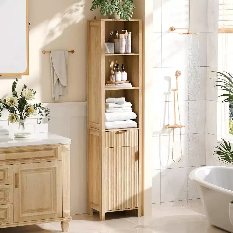 Dcolora Bathroom Floor Skinny Storage Cabinet with 1 Fluted Door&Drawer