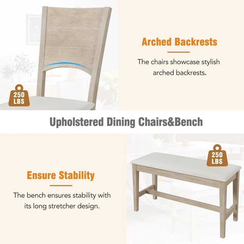6-Piece Wood Half Round Dining Table Set Kitchen Table Set with Long Bench and 4 Dining Chairs, Modern Style, Gray