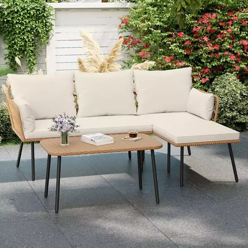 Costway 3 Pieces L-Shaped Patio Furniture Set with Coffee Table, Removable Cushions Mix Yellow+Off White